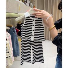 批发女5童舒适套装2025夏季新款洋气女宝宝条纹无袖背心微喇裤两件套2