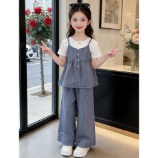批发女5童舒适套装2025夏季新款洋气女宝宝条纹无袖背心微喇裤两件套2