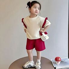 批发【100%棉 180g后包领】女童短袖短裤套装空白版飞袖t恤光板童装