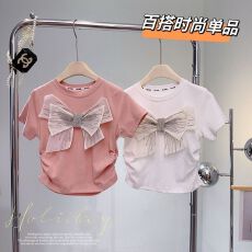 40支纯棉女童短袖t恤夏季新款蝴蝶结贴布工艺女宝宝百搭上衣
