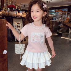 批发【上衣纯棉 裙子涤纶】<b class='q'>女童</b>蕾丝<b class='q'>花边</b>短袖<b class='q'>蓬蓬裙</b>套装