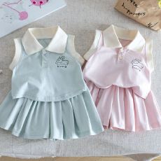 批发女童套装2026新款夏季女宝宝韩版甜美<b class='q'>可爱</b>无袖翻领衣短裤两件套潮