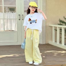 女童夏装两件套2026新款中大童韩版卡通上衣格子长裤套装