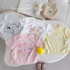 儿童夏装洋气短袖新款时髦女童可爱纯色抽绳收腰休闲百搭T恤
