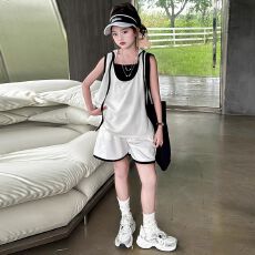 批发<b class='q'>女童</b>背心<b class='q'>短</b>裤套装2026夏款中大童无袖休闲学院风连帽上衣两件套