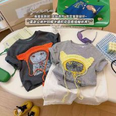 批发纯棉儿童短袖夏季新款宽松立体卡通公仔半袖上衣