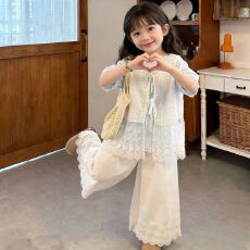 批发女童夏季小清新森系花边休闲三件套中大童夏季新款甜美风短袖夏装