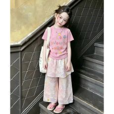 批发2026夏季新款<b class='q'>童装</b>女童t恤小女孩洋气时髦粉色印花洋气屁帘裤套装