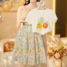 批发棉拉架+酷丝綿 夏季<b class='q'>女</b><b class='q'>童</b>短袖套装新款可爱女孩碎花半身裙两件套