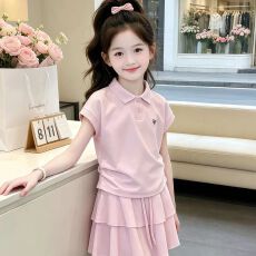 批发女童韩系POLO衫荷叶裙夏季两件套2026新款女孩飞袖上衣儿童蛋糕裙