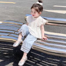 批发<b class='q'>女</b><b class='q'>童</b><b class='q'>套装</b>2026夏款新款儿童韩版甜美小飞袖圆领上衣女孩花边阔腿裤