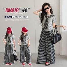 批发<b class='q'>女</b><b class='q'>童</b>韩系夏季<b class='q'>套装</b>休闲2026新款中大童披肩T恤短袖条纹阔腿两件套