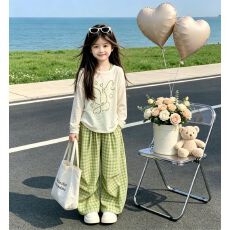 批发中大童森系罩衫套装三件套2026<b class='q'>女</b><b class='q'>童</b>夏日清新穿搭绿色格子裤套装潮