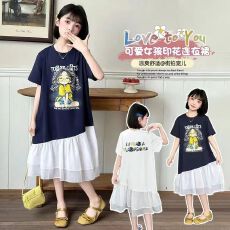 批发2026新款<b class='q'>女</b><b class='q'>童</b>夏季卡通t恤裙大童洋气网纱拼接连衣裙休闲宽松夏装