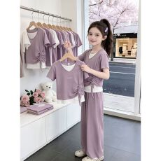 批发<b class='q'>女</b><b class='q'>童</b>套装2026新款夏季大童短袖上衣阔腿裤两件套