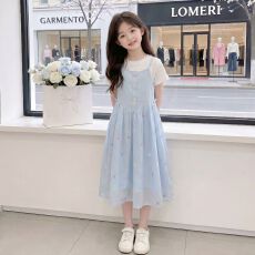 批发女童假两件连衣裙夏季新儿童公主裙女孩甜美A字裙