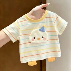 批发纯棉100）男<b class='q'>女</b><b class='q'>童</b>短袖t恤夏季新款中小童卡通立体玩偶条纹洋气上衣