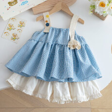 批发女<b class='q'>童</b><b class='q'>韩</b>系清新<b class='q'>吊带裙</b><b class='q'>夏</b>季华夫格面料立体花朵肩带女宝宝甜美两件套
