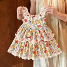 批发<b class='q'>女</b><b class='q'>童</b>韩系清新吊带裙夏季华夫格面料立体花朵肩带女宝宝甜美两件套
