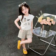 批发<b class='q'>女童</b>夏<b class='q'>装</b><b class='q'>套装</b>新款多巴胺卡通小飞袖T恤波点短裤两件套