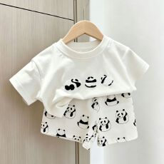 批发（100纯棉）儿童纯棉套装夏季新款男女童熊猫短袖T恤夏装休闲