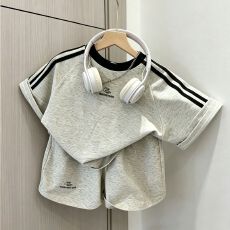 26支纯棉儿童纯棉套装夏季新款男童印花条纹短袖短裤运动两件套