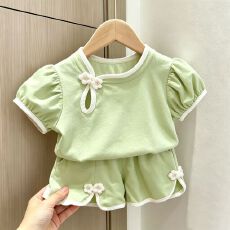纯棉女童纯棉套装夏季新中式盘扣短袖洋气花朵短裤两件套