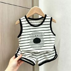 纯棉100男女童套装夏季新款卡通印花条纹无袖背心短裤两件套