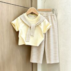 纯棉女童夏季新款儿童条纹假两件披肩短袖上衣阔腿裤两件套
