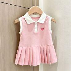 原版做法百褶裙女童连衣裙夏季韩版学院风翻领背心裙公主百褶裙