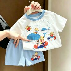 批发(100纯棉)儿童纯棉套装<b class='q'>夏季</b>男<b class='q'>女</b><b class='q'>童</b>卡通印花短袖短裤休闲两件套
