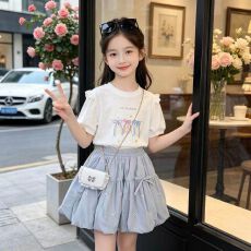批发酷丝爽棉螺纹】女童可爱<b class='q'>印花</b>短袖花苞<b class='q'>短裤</b>两件套2026夏季新款套装