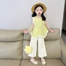 批发女童夏季套装洋气背心不规则花边上衣超好看女宝宝阔腿裤两件套潮