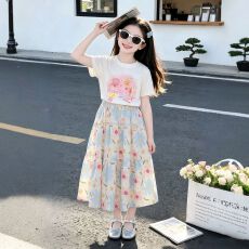批发2026夏季新款裙子套装甜美可爱碎花裙子卡通短袖中大童洋气两件套