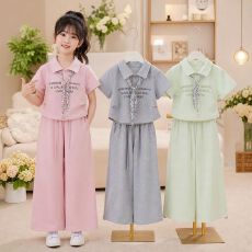 批发女童Polo衫套装夏季新款洋气字母领带短袖休闲裤两件套儿童少女服