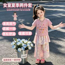 2026女童夏装套装洋气多巴胺可爱风儿童粉色短袖屁帘阔腿裤两件套