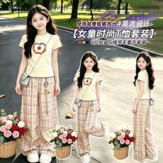 批发女童夏装套装2026新款儿童夏季女孩格子裤中大童短袖长裤网红洋气