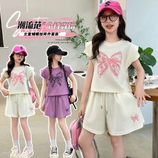 批发女童夏季套装2026新款儿童休闲女孩洋气短袖短裤透气舒适两件套潮