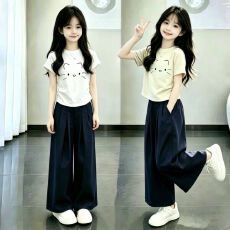 批发2026新款儿<b class='q'>童</b>短袖T恤女<b class='q'>童</b><b class='q'>夏季</b><b class='q'>套</b>装中大<b class='q'>童</b>装波点阔腿裤两件套