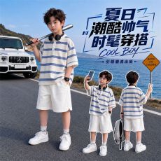 批发2026新款儿<b class='q'>童</b>夏季男<b class='q'>童</b><b class='q'>套装</b><b class='q'>薄</b>款夏装条纹Polo衫两件套男孩夏季衣服