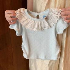 批发儿童女宝宝时尚洋气休闲百搭上衣服<b class='q'>夏</b>季洋气女童短袖蕾丝花边T恤