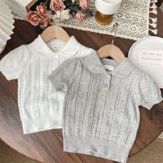 批发<b class='q'>春</b>夏复古女童娃娃领麻花针织短袖上衣纯棉宝宝miu系镂空儿童t恤女