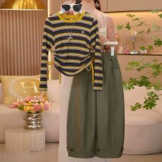 批发<b class='q'>女</b><b class='q'>童</b>秋装套装2026新款儿童韩系条纹长袖棉布休闲长裤春秋季两件套