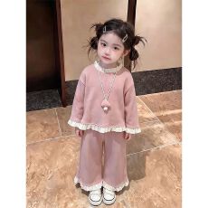 批发<b class='q'>女</b>童甜美<b class='q'>套装</b>春秋款洋气<b class='q'>女</b><b class='q'>宝宝</b>时尚粉红色卫衣阔腿裤休闲<b class='q'>两件套</b>潮
