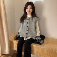 批发<b class='q'>女</b><b class='q'>童</b>针织马甲叠穿套装2026新款洋气时髦小女孩长袖蕾丝儿童两件套