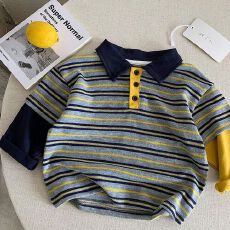 批发儿童条纹T恤男童韩版秋季新款假两件拼色宝宝POLO衫长袖上衣潮t