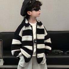 批发男童韩系秋季2026新款黑白条纹翻领针织开衫阔腿裤中小童帅气潮