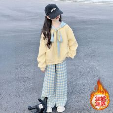 批发<b class='q'>女</b><b class='q'>童</b>春秋套装2026蝴蝶结新款洋气绑带加绒卫衣中大童格子裤两件套