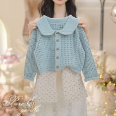 批发韩系公主风<b class='q'>娃娃领</b>女童镂空毛衣外套秋季新款百搭洋气针织开衫儿童