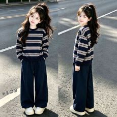 批发<b class='q'>女</b><b class='q'>童</b>秋款条纹卫衣阔腿套装2026新款中大童甜酷宽松收口两件套潮酷